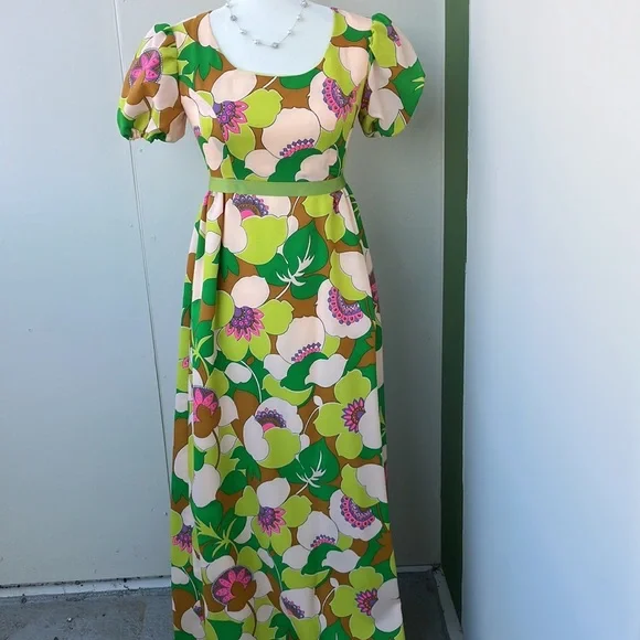 Vintage 60s 70s Psychedelic Floral Maxi Dress - Picture 2 of 10